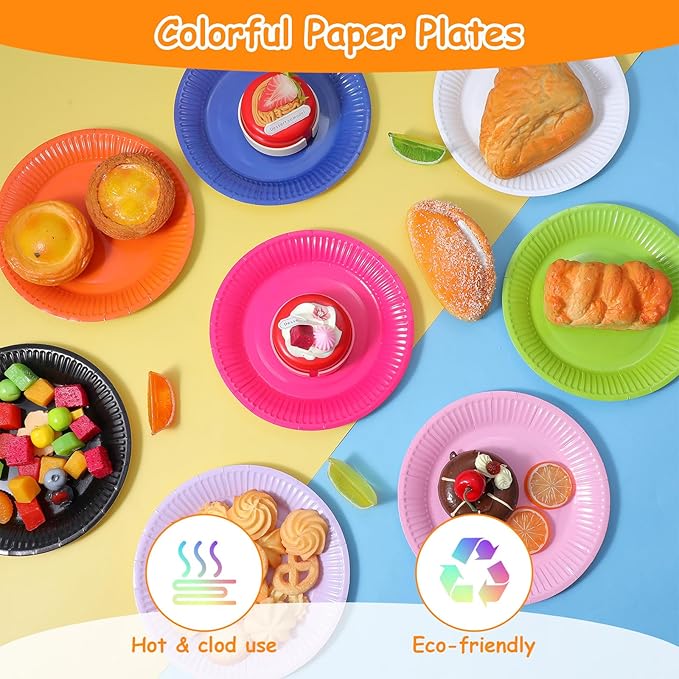 300 PCS Dessert Paper Plates Bulk, 7" Disposable Plates, Microwaveable Solid Construction, Round Colored Paper Plates for Parties Weddings Birthdays Everyday Use