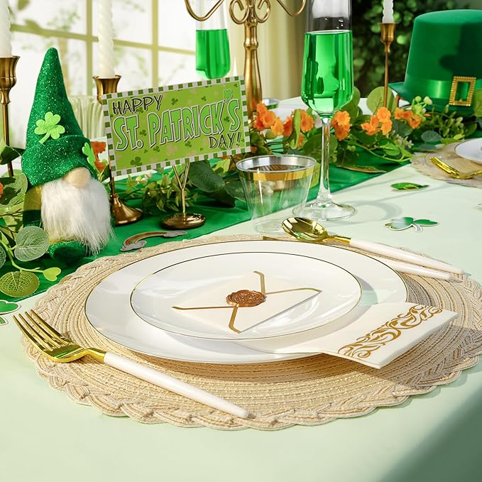 100 PCS Gold and White Plastic Plates, 10 inch White Disposable Plates for Party, Plastic Dinner Plates for Party, Graduation, Birthday, Wedding