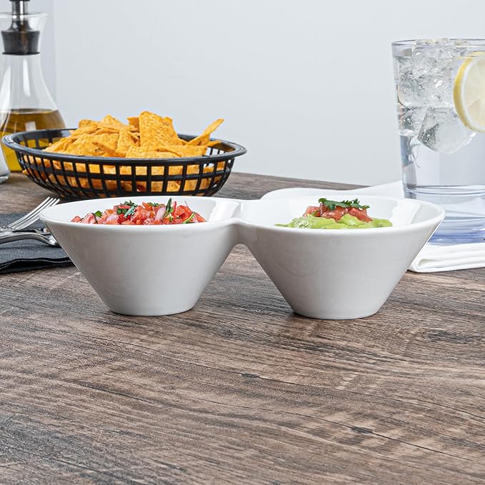 Restaurantware-9.1 x 4.9 x 2.3 Inch Double Dip Bowls, 1 Microwavable Condiment Server - 2 Compartments, Microwavable, White Porcelain Dip Tray, Dishwashable, For Snacks, Condiments, Or Toppings