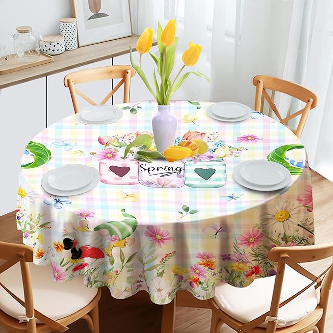 Spring Tablecloth, Rectangle 60 x 104 with Gnome Flowers, Oblong Tablecloth Buffalo Check Plaid Kitchen Table Cover for Dining Room Indoor Decor
