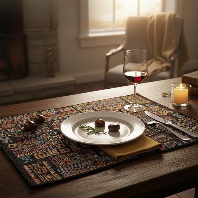 DaDa Bedding Bohemian Ethnic Ornaments Tapestry Placemats - Set of 4-Pieces Greek Ethnic Calligraphy Geometric Colorful Dark Black Design - Decorative Cotton Woven Kitchen Dining Mats - 13” x 19”