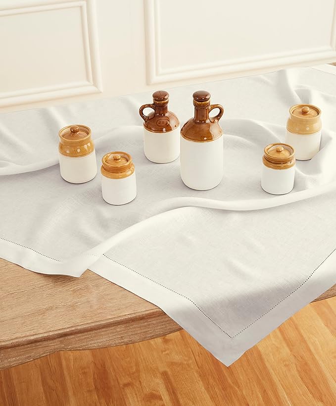 Solino Home Ivory Linen Tablecloth 52 x 52 Inch - 100% Pure Linen Square Table Throw - Classic Hemstitch, Machine Washable Table Cloth for Spring, Easter