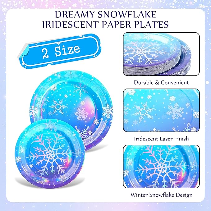 Kochorie 96 Pieces Frozen Iridescent Winter Snowflake Birthday Party Supplies Snowflake Tableware Set Disposable Paper Plates Cups Napkins Serve 24 Guests for Christmas Winter Wonderland Decorations