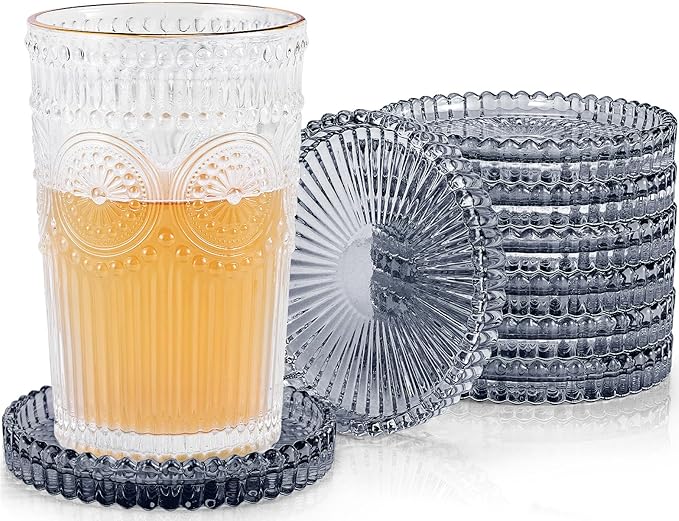 Vintage Glass Coasters, GOH DODD Set of 8 Crystal Coasters Tabletop Protection for Drinks, Home Decor, Kitchen, Living Room, Patio, Wedding, Party, Housewarming Gifts, Clear Black