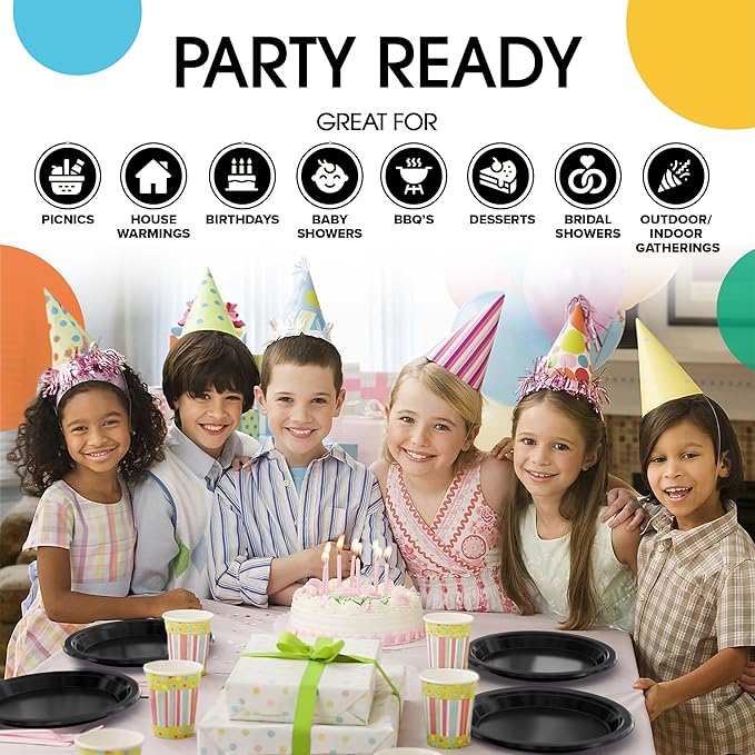 Black Plastic Plates For Party 9" Black Disposable Plates Heavy Duty 100 Pcs Plastic Dinnerware Sets Heavy Duty 350 GSM Disposable Dinnerware Set