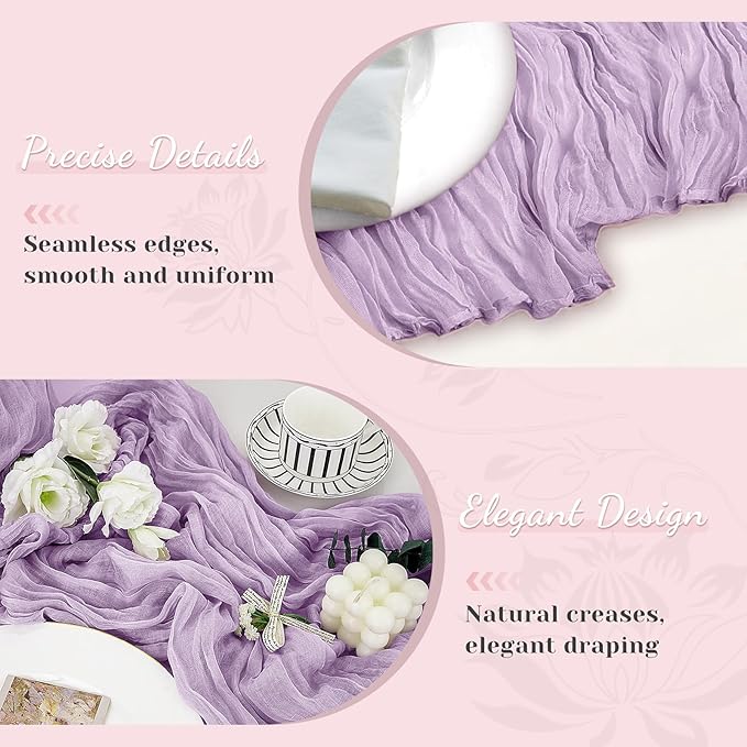 Lilac Table Runner, 10 Ft 120 in Cheesecloth Table Runner, Rustic Spring Table Runners for Wedding, Party, Bridal Shower, Boho Table Runners for Valentines Easter Mardi gras