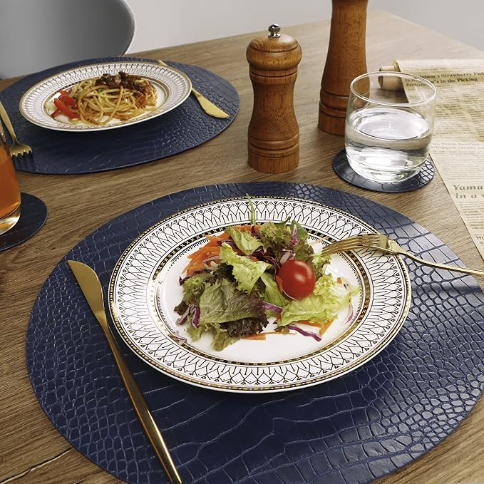 Round Leather Placemats for Round Tables Set of 6, Blue Table Place Mats and Coasters, Washable Easy to Care for Indoor Decor 13" Diameter