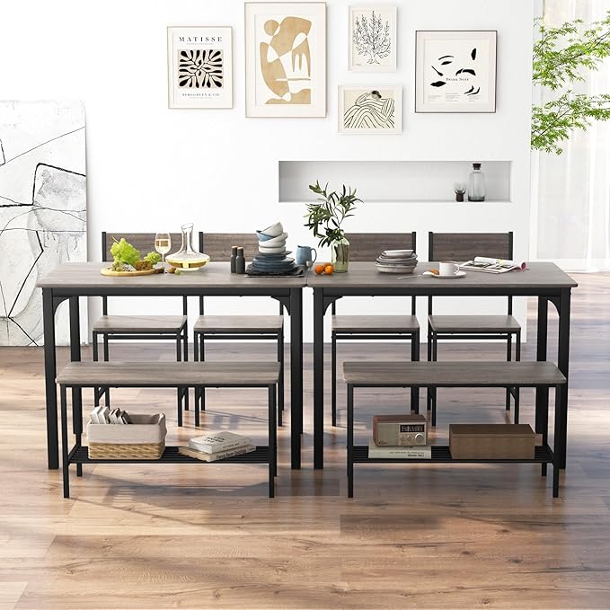 Giantex Dining Table Set for 4, Kitchen Table with Bench and Chairs, Industrial Gathering Bench Dining Set W/Metal Frame & Storage Rack, Dinette Set, Modern Functional Desk Set (Black Oak)