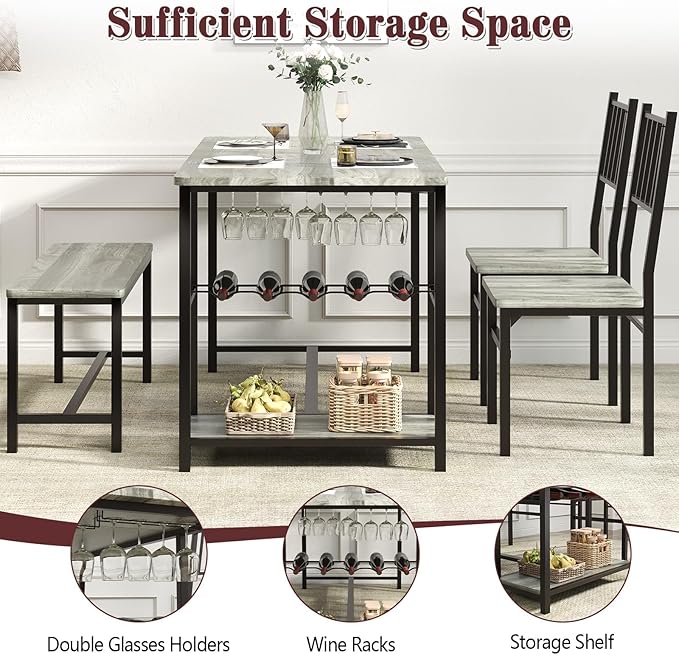 4 EVER WINNER Dining Room Table Set for 4, 55" Kitchen Table Set with Storage Shelf, Wine Rack & Wine Glasses Holder, Dining Table for 4 with Chairs and Bench for Dining Room, Kitchen, Grey