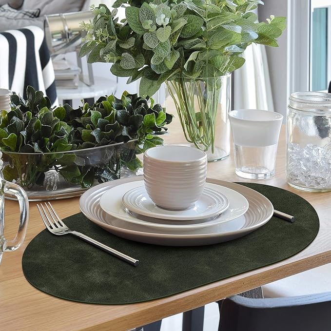 ADRIMER Placemats, Heat Resistant Oval Placemats Set of 4 Washable 12 x 17 Inch, Waterproof Table Mats, Wipeable Pu Place Mats for Kitchen, Dining Room, Olive Green