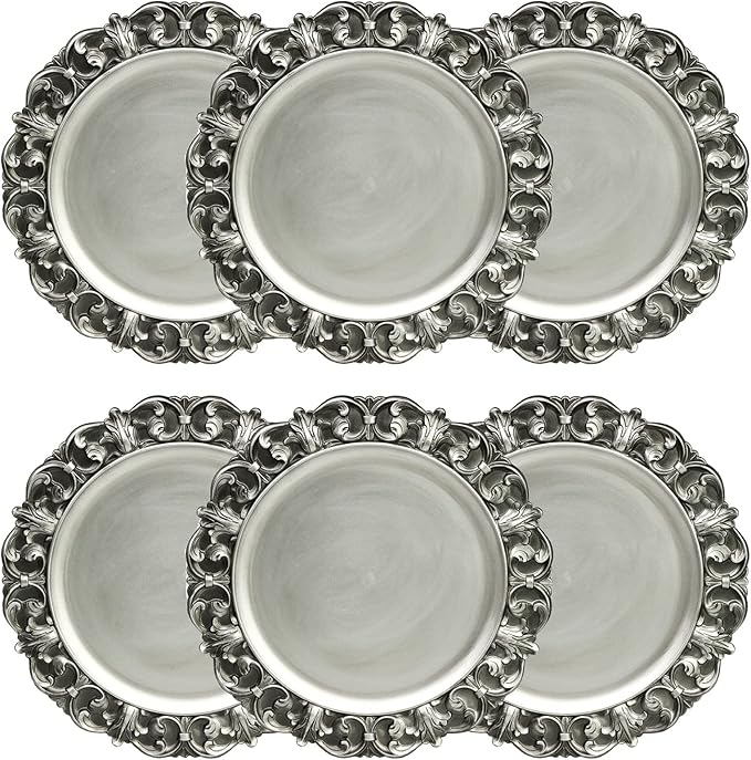 13" Antique Silver Charger Plates, Set of 6 Plastic Textured Chargers for Dinner Plates with Embossed Rim, Table Décor, Party, Wedding, Holiday
