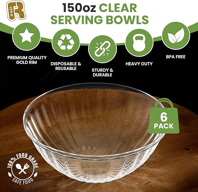 R-kay 6 Pack Extra Large Serving Bowl - 150 Ounce Plastic Serving Bowls For Entertaining - Clear Plastic Bowls For Salads And Snacks - Disposable bowls For All Occasions