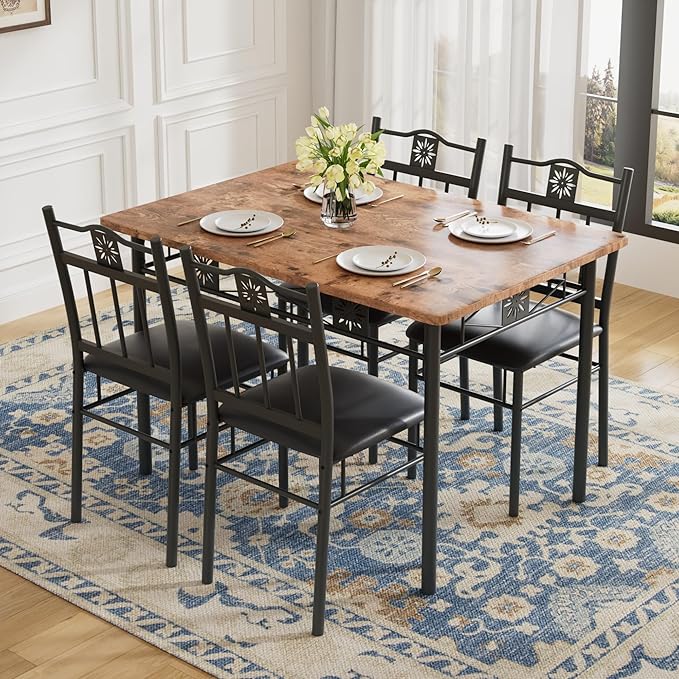 VECELO Dining Table Set for 4, 5-Piece Wood Kitchen Table with Upholstered Padded Chairs for Small Space, Breakfast Nook, Space-Saving, Brown
