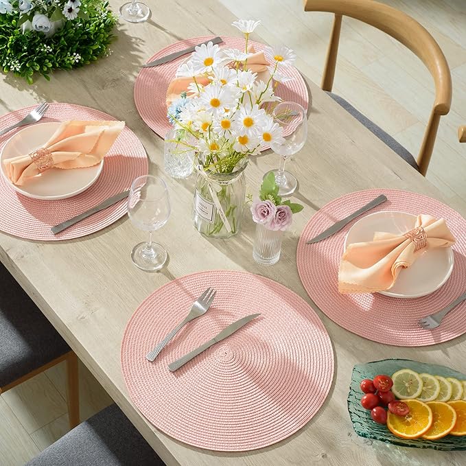 AHHFSMEI Round Braided Placemats 15 Inch Round Table Mats for Dining Tables Natural Woven Heat Resistant Place mats Set of 8 (Pink,8)