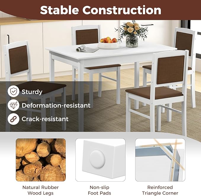 POWERSTONE Farmhouse Wood Dining Table Set for 4, Space-Saving Kitchen Table 4 Chairs Paded PU Leather, Rectangular 5 Piece Dining Table Set 4 Rubberwood Legs Chairs for Kitchen Indoor Dinner (White)