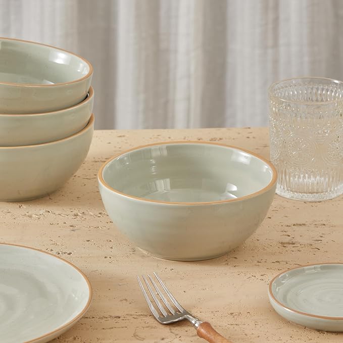 Bico Light Sage Green 24oz Stoneware Cereal Bowls Set, Set of 4, Microwave and Dishwasher Safe, for Cereal, Soup, Noodles