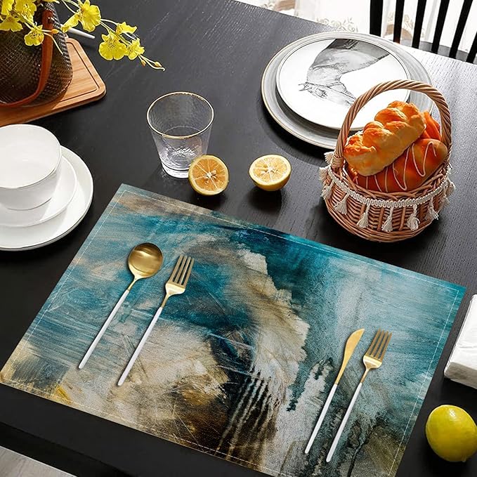 Teal Placemats Set of 4 Turquoise Black Place Mats Indoor Modern Abstract Art Linen Table Placemats Washable Wipeable Waterproof Kitchen Place Mats for Dining Tables, 18 X 12 Inch