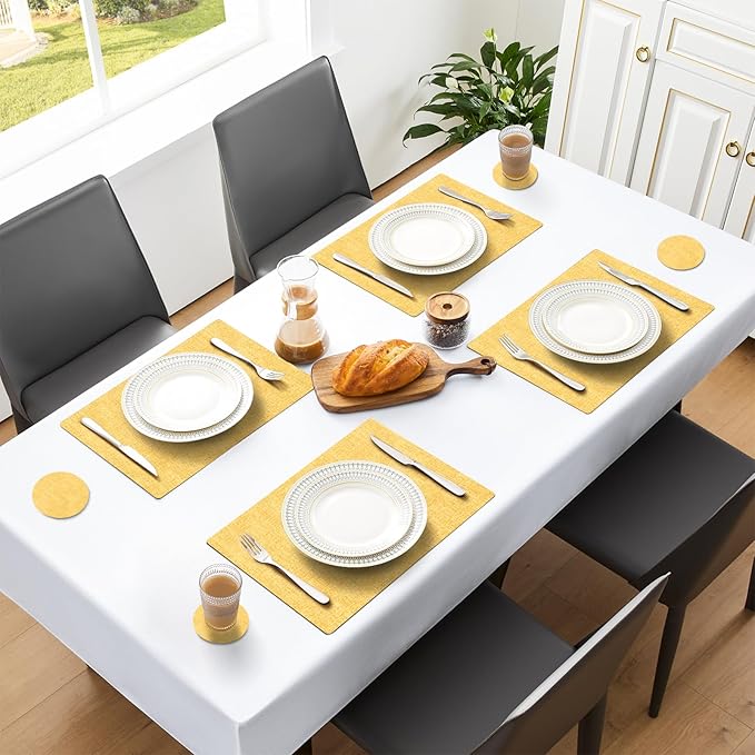 MOSAYT Placemats Set of 8, Heat Resistant Vinyl Place Mats with Coasters, Wipeable Washable 100% Waterproof Oil Proof Faux Leather Table Mats for Kitchen Dining Party Outdoor, 12" x 17", Yellow
