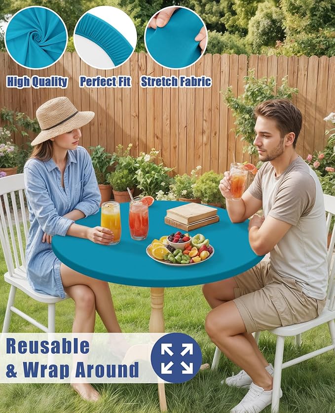 Round Spandex Tablecloth 2 Pack, Elastic Fitted Waterproof Tablecloths for 36"-44" Tables, Stretch Washable Picnic Table Cover for Camping, Dining, Indoor and Outdoor, Turquoise