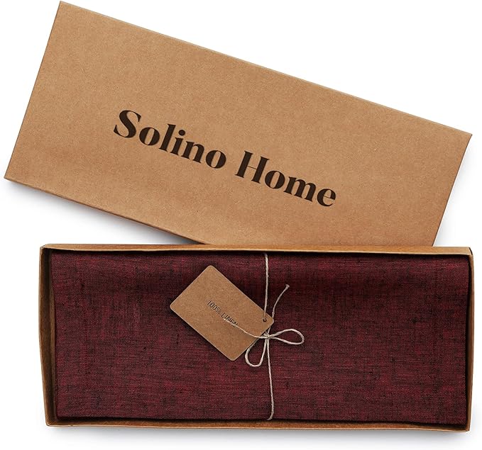 Solino Home Linen Table Runner 48 Inches - 100% Pure Linen Red Garnet Table Runner 14 x 48 Inch Ideal for Dresser and Coffee Tables - Valentines, Winter - Athena