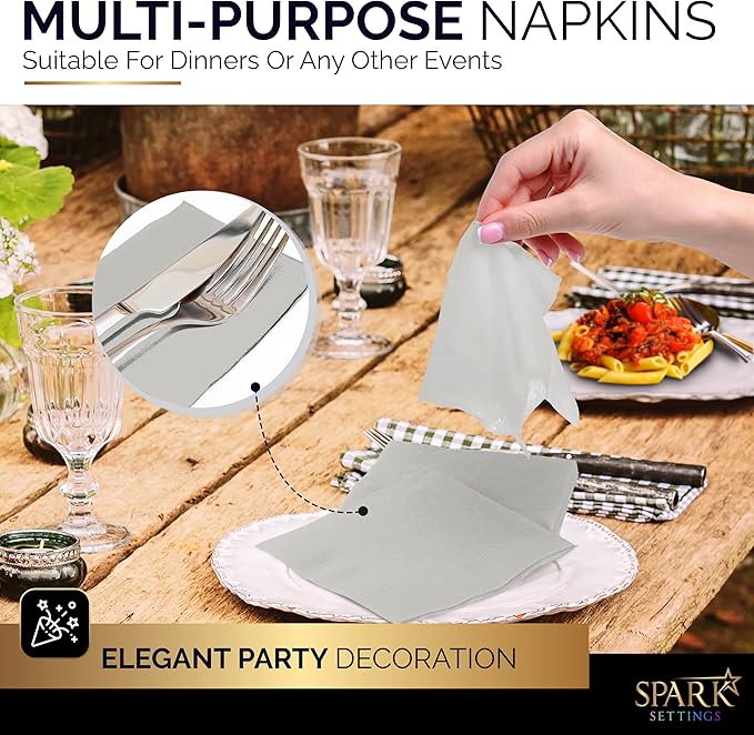100 Pack Silver Beverage Napkins, Big Party Pack, 2 Ply, Ideal for Wedding, Party, Birthday, Dinner, Lunch, Cocktails. (5” x 5”) by Amcrate