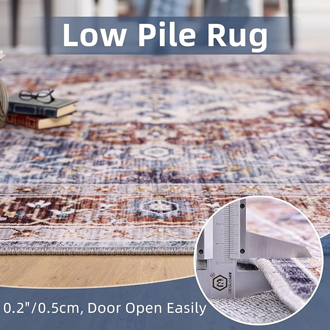 Deerly Rug 8x10 Area Rug Boho Washable Rug Large Rugs for Bedroom Living Room Vintage Non-Slip Oriental Distressed Carpet Indoor Stain Resistant(Border Brown/Navy Blue)