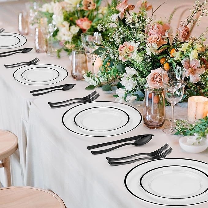 BESTSTAR 200PCS Black and Clear Plastic Plate, Black Disposable Plate Set with 100 Dinner Halloween Plates and 100 Dessert Plates for Party