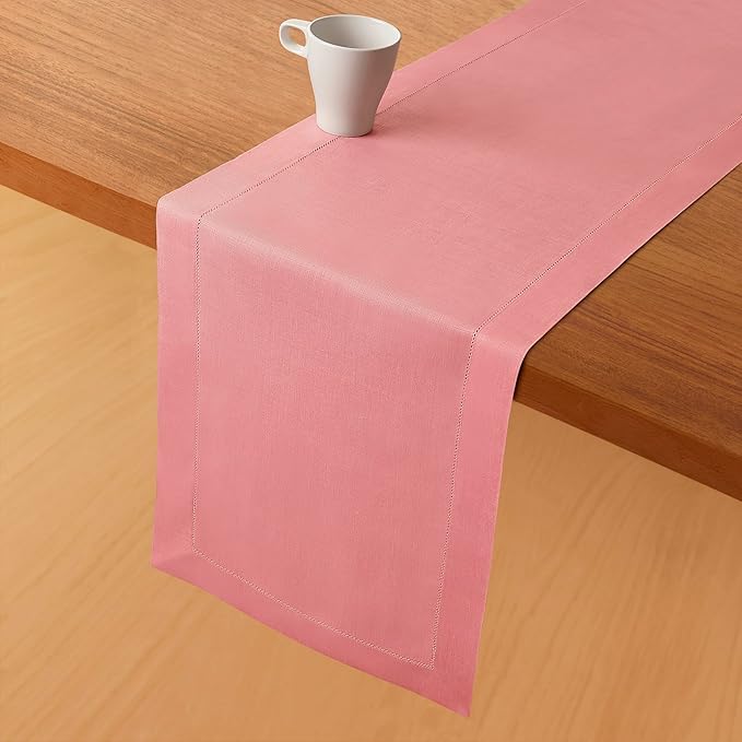 D'Moksha Homes Linen Dusty Pink Table Runner 90 Inches Long - Classic Hemstitch 100% Pure Linen Dining Table Runner 14 x 90 Inch for Valentines, Spring, Easter