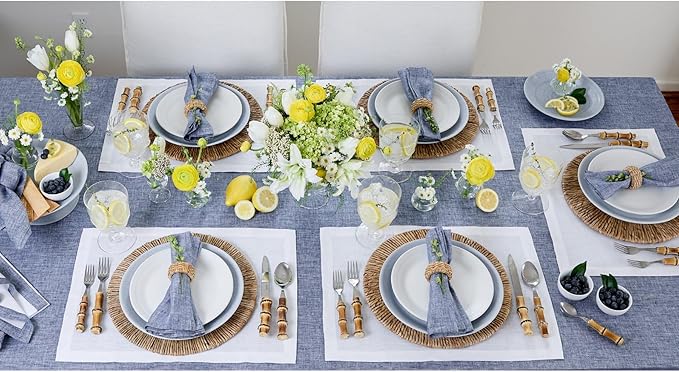 Solino Home Linen Tablecloth 60 x 90 Inch - 100% Pure Linen Chambray Indigo Table Cloth for Rectangle Tables - Athena, Machine Washable Tablecloth for Spring, Easter