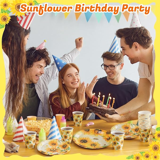 Pickmesh 250 Pcs Sunflower Birthday Disposable Tableware Set Floral Themed Disposable Paper Plates Napkins and Cups for Birthday Wedding Bridal Shower Baby Shower Tea Party Supplies