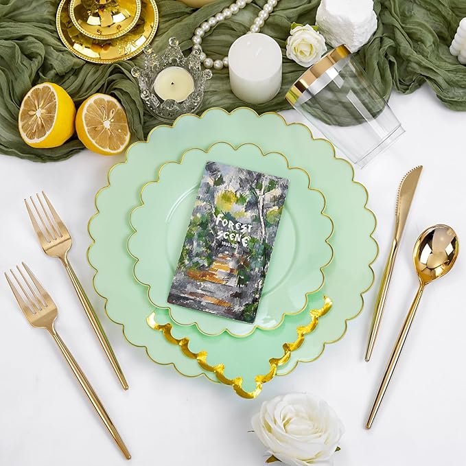 LIYH 210 Pcs Sage Green Plastic Disposable Scalloped Party Plates - Green Plates and Napkins Include Baby Shower Plate Gold Plastic Silverware for Weddings Birthday 30 Guests