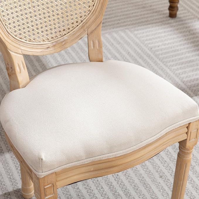 Ball & Cast French Vintage Upholstered Dining Chairs Set of 2, Antique Painting Wooden Kitchen Side-Chairs with Rattan Back & Carved Solid Wood Frame, 2-Piece Curved Backrest Louis Chair, Beige