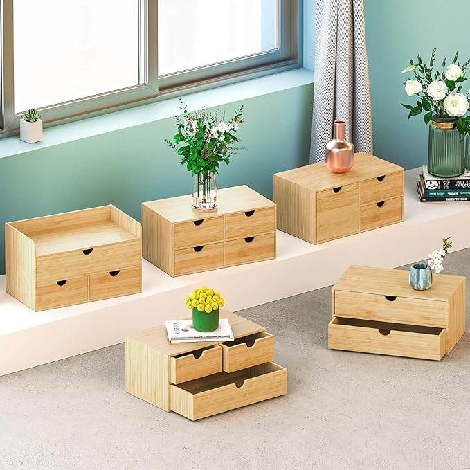 Wisuce Bamboo Desk Organizer, Mini Desktop Drawer Tabletop Storage Organization Box for Office Home Toiletries Supplies Vanity, No Assembly Required (3 Drawer with Shelf)