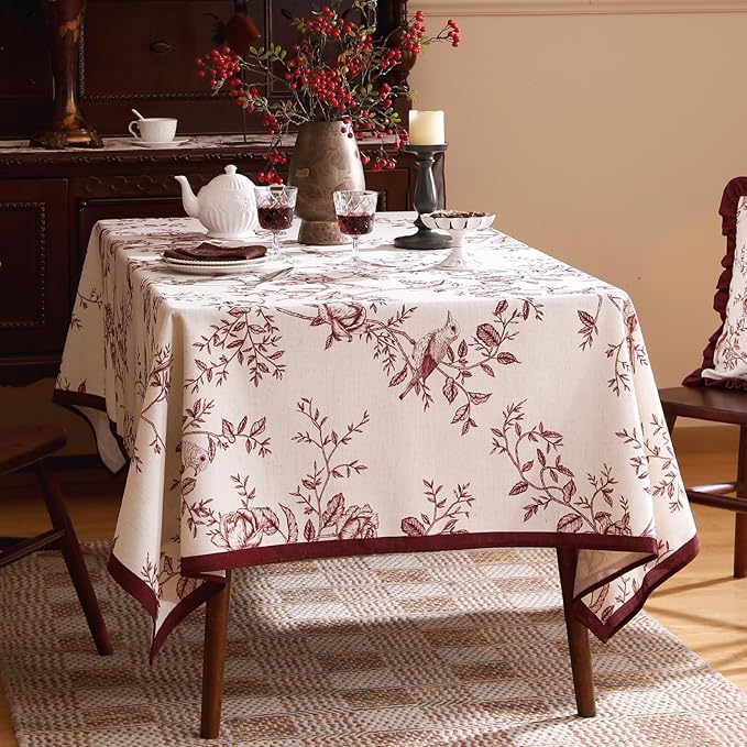 ISAENNE Designer Vintage Linen Long Tablecloth Rectangle,Red Floral Pattern Linen Stain Resistant Table Cloth,Decor Tablecloths for Dining Thanksgiving Kitchen Tea Party,63"*102"-Harmony
