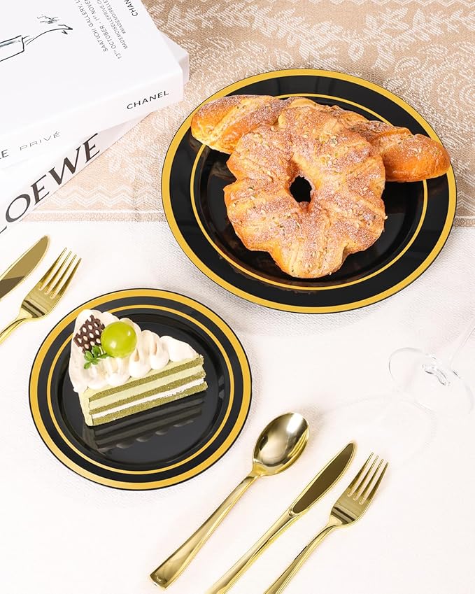 BESTSTAR 100PCS Black Plastic Plates Set with Gold Rim, 50 10.25 inch Dinner Plates and 50 7.5 inch Dessert Plates, Premium Disposable Plates forfor Party, Wedding, Holiday,And Halloween
