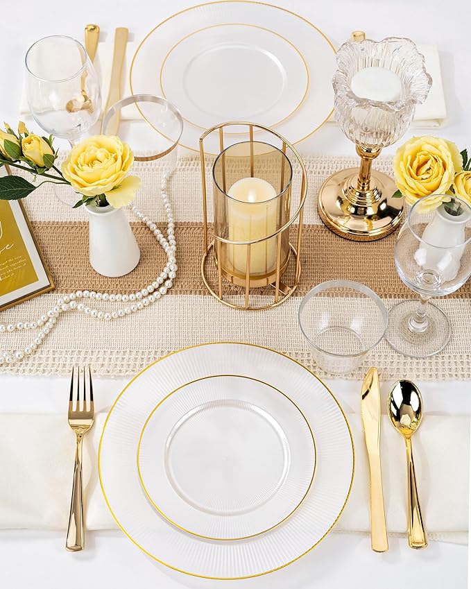 Hioasis 60pcs White and Gold Plastic Plates - White Disposable Dinnerware Set, 30pcs Dinner 10.25in & 30pcs Dessert 7.5in Plates with Striped Designs for Party & Wedding