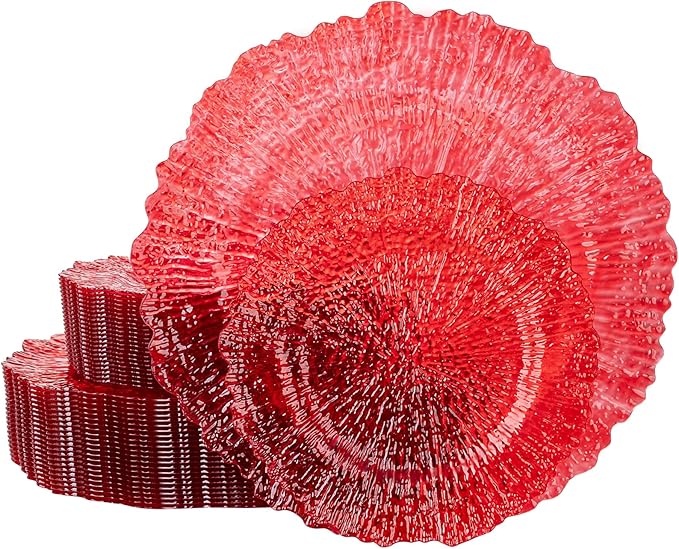 U-QE 60PCS Clear and Red Plastic Plates - Reef Plastic Plates Disposable&Reusable - Clear Red Plates Including 30 Plastic Dinner Plates 10" & 30 Plastic Dessert Plates 7" Perfect for Valentine's Day