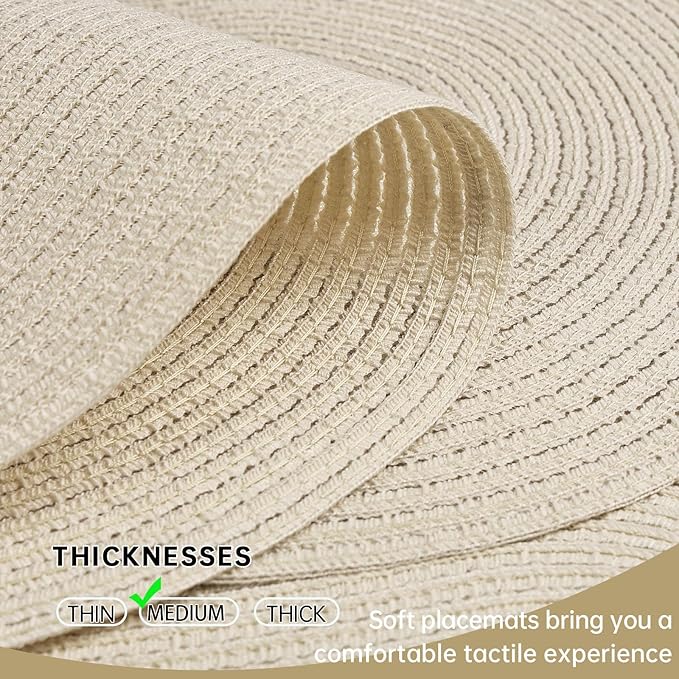 Noctiflorous Oval Braided Placemats Set of 6 Woven 12x18 Inch Non Slip Washable Heat Resistant Place Mats Round Tablemats for Dining Kitchen Party Daily Table Decor Dinner Mats (Solid Beige White, 6)