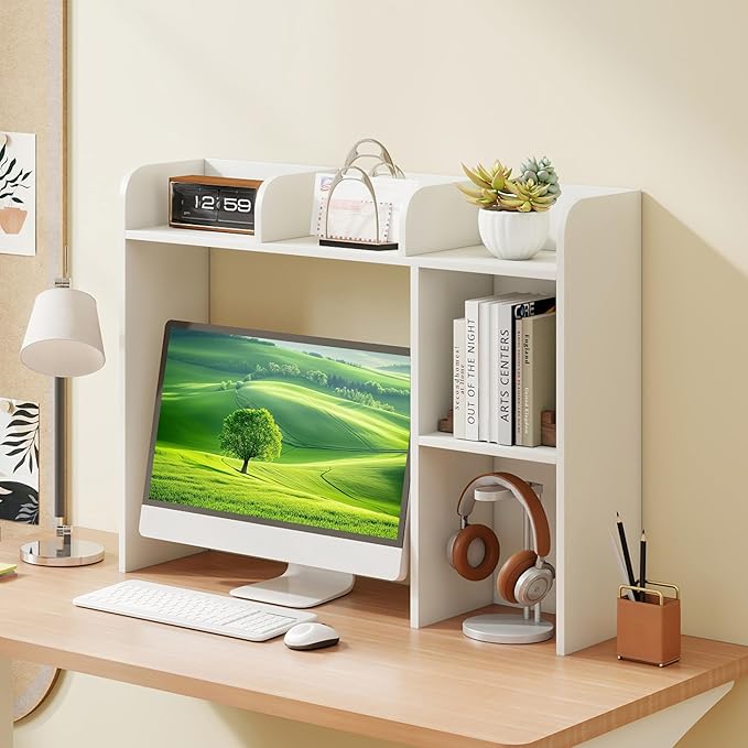 Tangkula Desktop Bookshelf, Countertop Storage Hutch with 5 Shelves for Computer Desk, Desk 3-Tier Display Rack, Multipurpose Wood Desktop Hutch Storage Organizer for Dorm Office Home