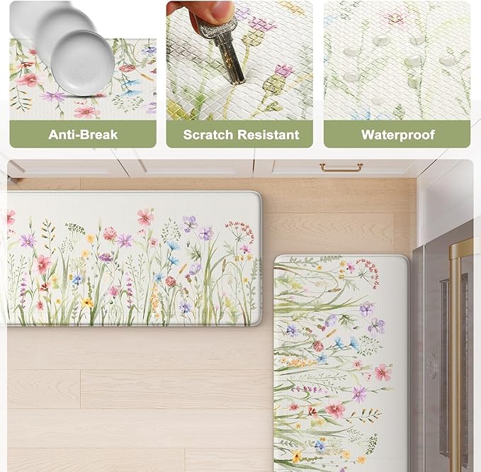 KIMODE Anti Fatigue Kitchen Mat 17.3"x29", Boho Floral Kitchen Floor Mats Non Slip, Waterproof Kitchen Mat for Floor, Padded Comfort Standing Mat for Laundry, Office, Sink, Desk White