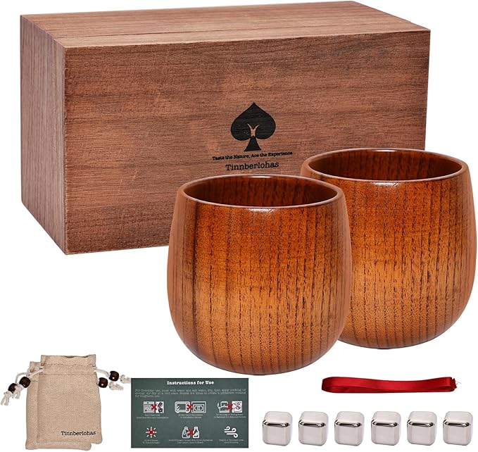 Wooden Whiskey Glasses Set of 2 – Durable Bourbon Glass for Men, Insulated Old Fashioned Glass – Whiskey Gifts for Husband, Dad, Brother – Birthday, Christmas, Father’s Day, Retirement