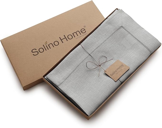 Solino Home Linen Tablecloth 60 x 108 Inch - Classic Hemstitch 100% Pure Linen Soft Grey Table Cloth for Rectangle Tables - Machine Washable Tablecloth for Winter, Spring, Easter