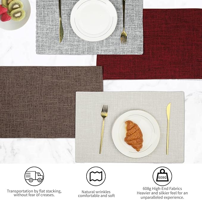 Placemats Set of 8, Faux Linen Dining Table Mats Heat Resistant Placemats for Kitchen Table, Washable Anti-Slip Place Mats, Kitchen Placemats Easy to Clean(Dark Brown)