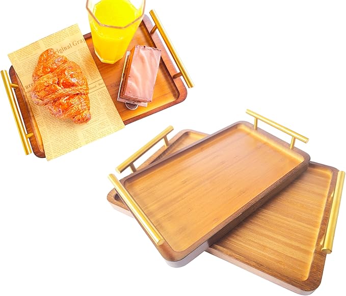 Bamboo Serving Tray with Gold Handles - Small Wood Serving Tray for Breakfast in Bed, Coffee Table, Dinner & bar - Decorative Bed Table Tray for Kitchen or Bedroom（11.8" x 7.5" x 2"）