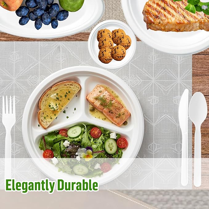 3 Compartment Compostable Heavy Duty Disposable Paper Plates, 75 Count | 10 Inch Round | Natural Bagasse, White Biodegradable Eco-Friendly School Lunch, Buffet, Party Sugarcane Tray