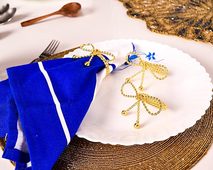 ALPHA Living HOME Napkin Rings Set of 12, Holiday Napkin Holders, Metal Napkin Rings for Safari Theme Table Décor Handmade for Holiday, Weddings, Receptions, Banquets, Events, Bow Shape, Gold