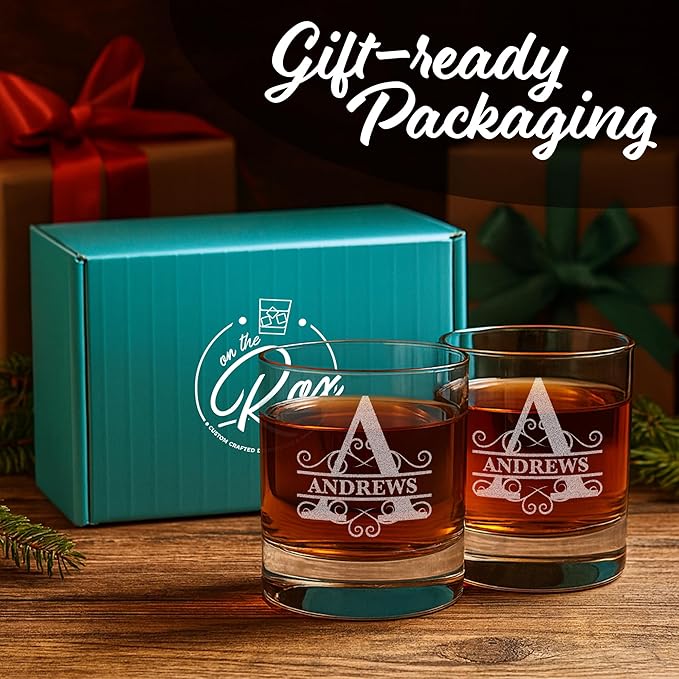 On The Rox Personalized Whiskey, Bourbon Glass Gifts for Men - 11 oz Engraved Name Monogram Scotch Glass - Customized Cocktail, Rocks, Brandy Glass Drinks (2)