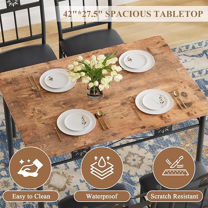 VECELO Dining Table Set for 4, 5-Piece Wood Kitchen Table with Upholstered Padded Chairs for Small Space, Breakfast Nook, Space-Saving, Brown