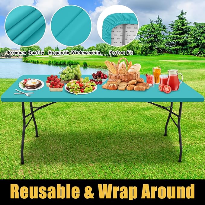 Smiry Rectangle Picnic Table Cloth, Waterproof Elastic Fitted Tablecloths for 8 Foot Tables, Washable Polyester Table Cover for Camping, Indoor and Outdoor (Turquoise, 30"x96")