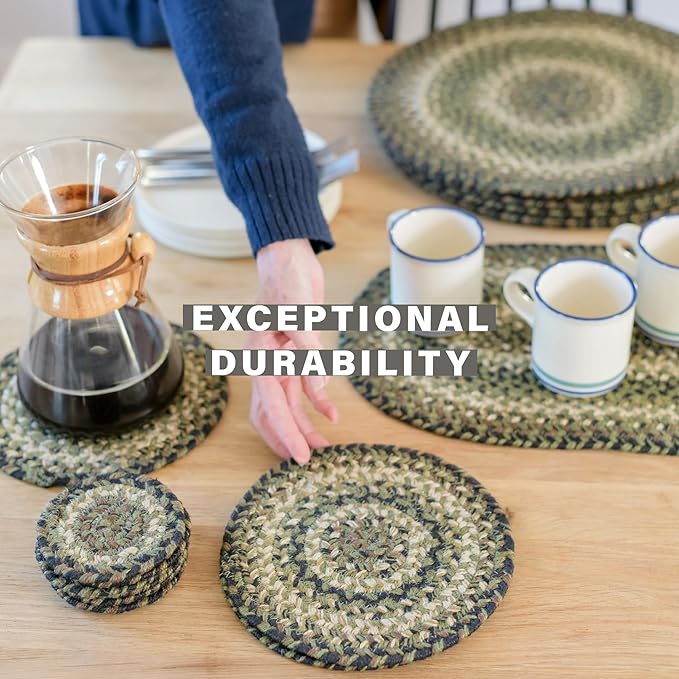 Homespice Pinecone Jute Woven Round Placemats Set of 6, 15", Warm Country Rustic Decor, Green Table Mats - Vibrant Colors, Durable, Easy to Clean and Protects Furniture